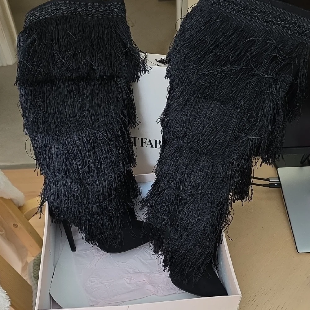 JustFab Black Fringe Heeled Boots - Picture 3 of 3